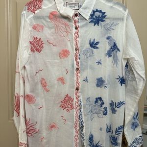 Johnny Was Cotton Button Down Shirt with heavy embroidery.